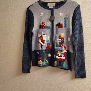Tiara International Christmas Design Blue Zip-Up Sweater with Santa Design HGRC